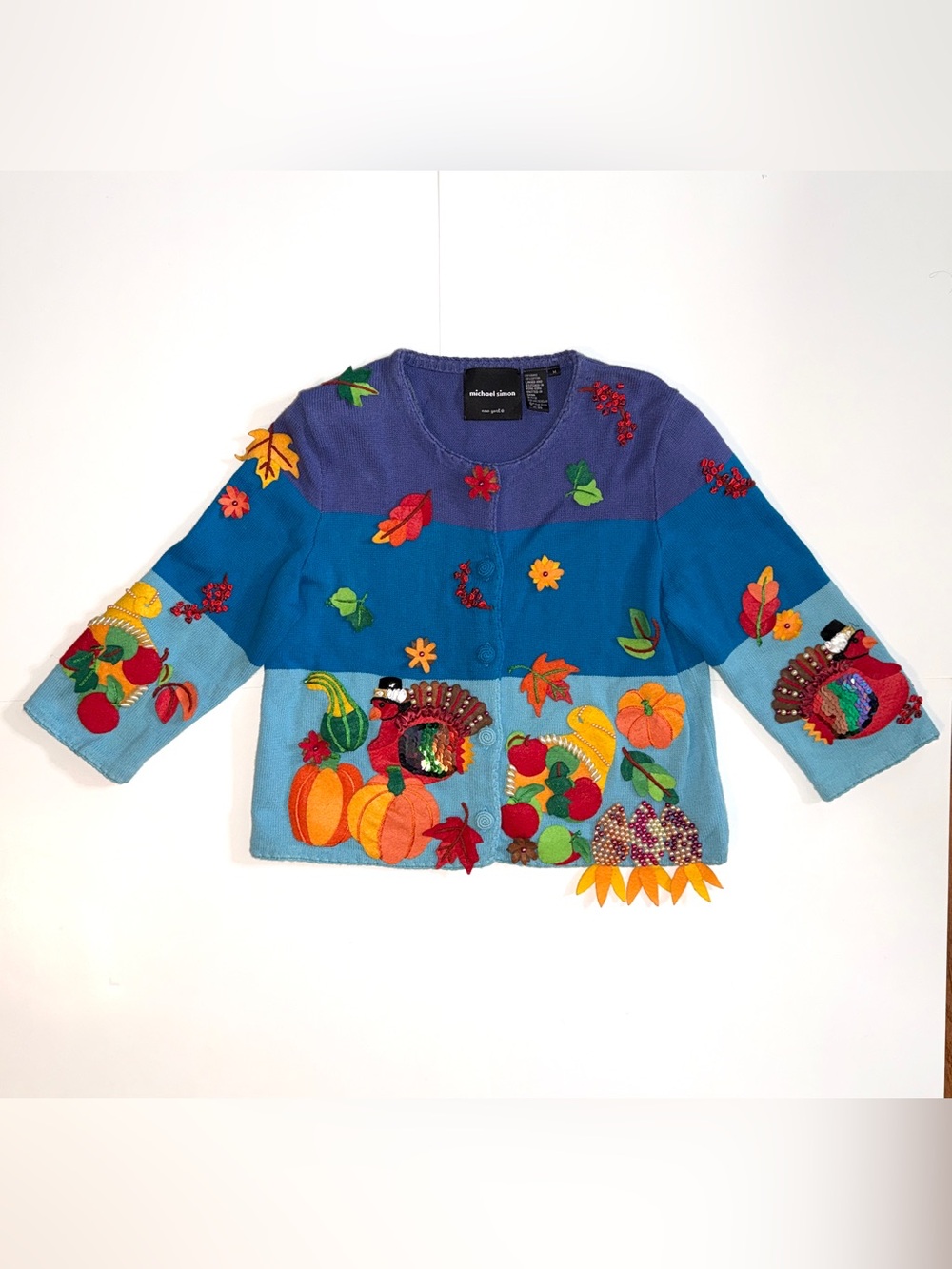 VTG Michael Simon Thanksgiving Cardigan Sweater Apliqué Turkey Cornucopia 1999 M